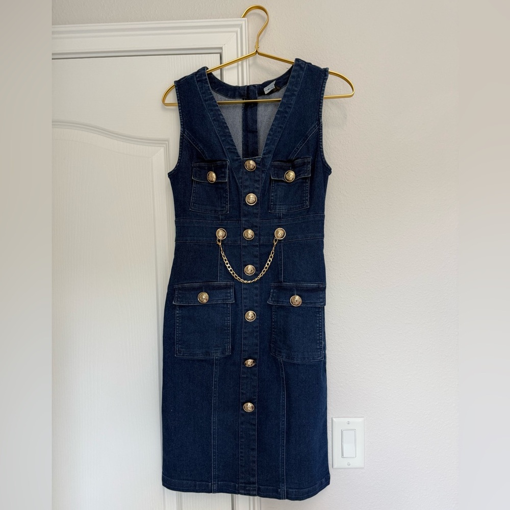 VENUS Dark Blue Denim Dress with Gold Accents